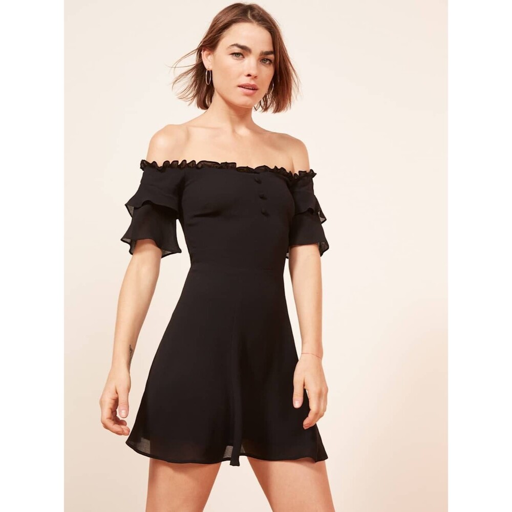 Reformation Diana Mini Dress Women's Size 0 Black Off Shoulder Ruffle Dress